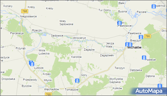 mapa Zagajów gmina Michałów, Zagajów gmina Michałów na mapie Targeo