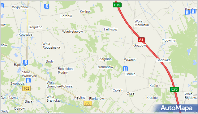 mapa Zagłoba gmina Stryków, Zagłoba gmina Stryków na mapie Targeo