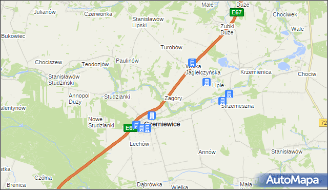 mapa Zagóry gmina Czerniewice, Zagóry gmina Czerniewice na mapie Targeo