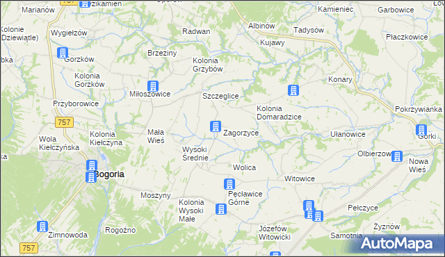mapa Zagorzyce gmina Bogoria, Zagorzyce gmina Bogoria na mapie Targeo