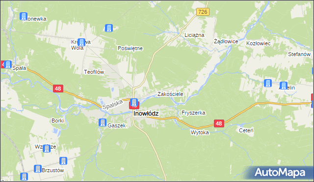 mapa Zakościele gmina Inowłódz, Zakościele gmina Inowłódz na mapie Targeo