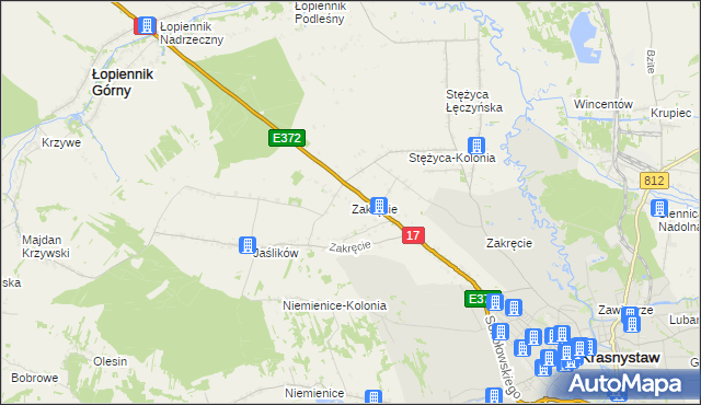 mapa Zakręcie gmina Krasnystaw, Zakręcie gmina Krasnystaw na mapie Targeo