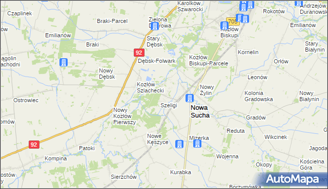 mapa Zakrzew gmina Nowa Sucha, Zakrzew gmina Nowa Sucha na mapie Targeo