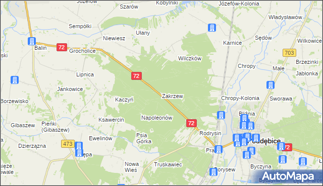 mapa Zakrzew gmina Poddębice, Zakrzew gmina Poddębice na mapie Targeo