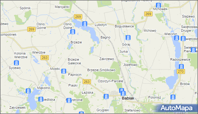 mapa Zakrzewo gmina Babiak, Zakrzewo gmina Babiak na mapie Targeo
