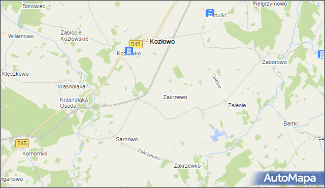 mapa Zakrzewo gmina Kozłowo, Zakrzewo gmina Kozłowo na mapie Targeo
