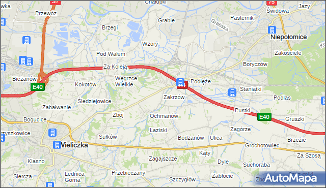 mapa Zakrzów gmina Niepołomice, Zakrzów gmina Niepołomice na mapie Targeo