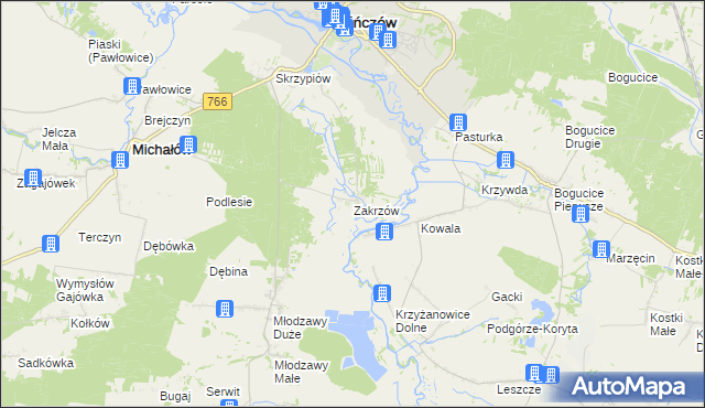 mapa Zakrzów gmina Pińczów, Zakrzów gmina Pińczów na mapie Targeo