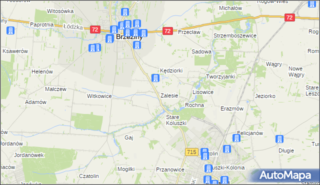 mapa Zalesie gmina Brzeziny, Zalesie gmina Brzeziny na mapie Targeo