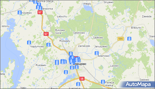 mapa Zameczek gmina Biskupiec, Zameczek gmina Biskupiec na mapie Targeo