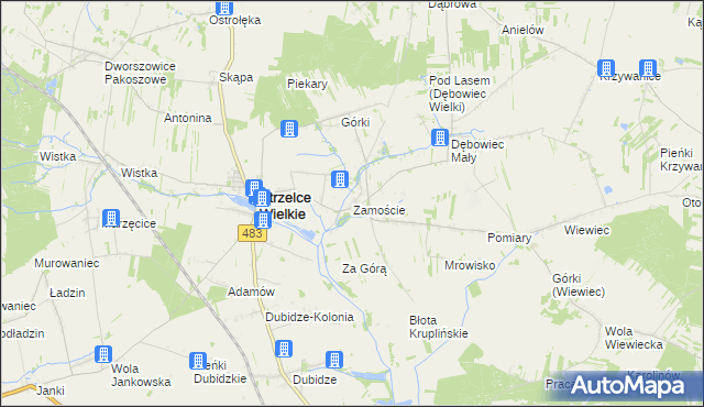 mapa Zamoście gmina Strzelce Wielkie, Zamoście gmina Strzelce Wielkie na mapie Targeo