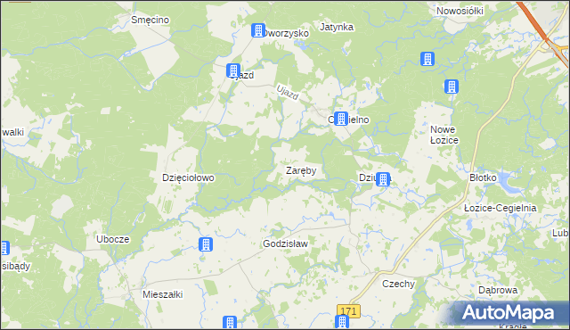 mapa Zaręby gmina Bobolice, Zaręby gmina Bobolice na mapie Targeo