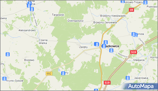 mapa Zaręby gmina Dziadkowice, Zaręby gmina Dziadkowice na mapie Targeo