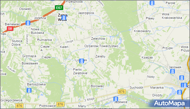 mapa Zaręby gmina Żabia Wola, Zaręby gmina Żabia Wola na mapie Targeo