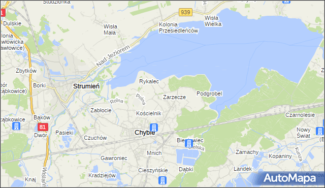 mapa Zarzecze gmina Chybie, Zarzecze gmina Chybie na mapie Targeo