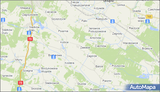 mapa Zawada gmina Gnojno, Zawada gmina Gnojno na mapie Targeo