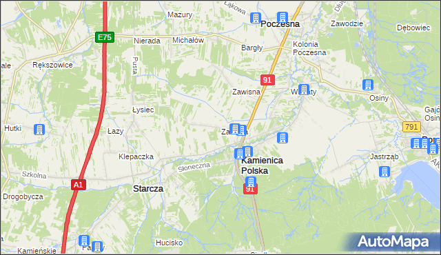mapa Zawada gmina Kamienica Polska, Zawada gmina Kamienica Polska na mapie Targeo