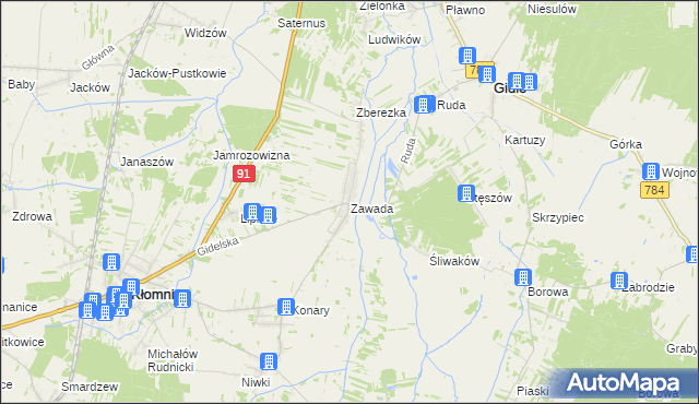 mapa Zawada gmina Kłomnice, Zawada gmina Kłomnice na mapie Targeo