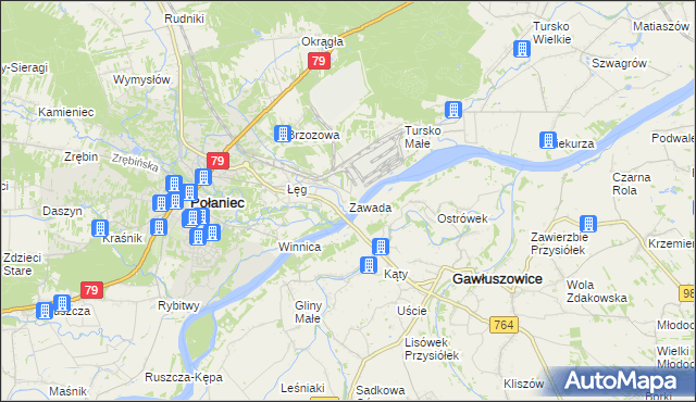 mapa Zawada gmina Połaniec, Zawada gmina Połaniec na mapie Targeo