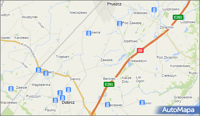 mapa Zawada gmina Pruszcz, Zawada gmina Pruszcz na mapie Targeo