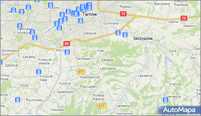 mapa Zawada gmina Tarnów, Zawada gmina Tarnów na mapie Targeo