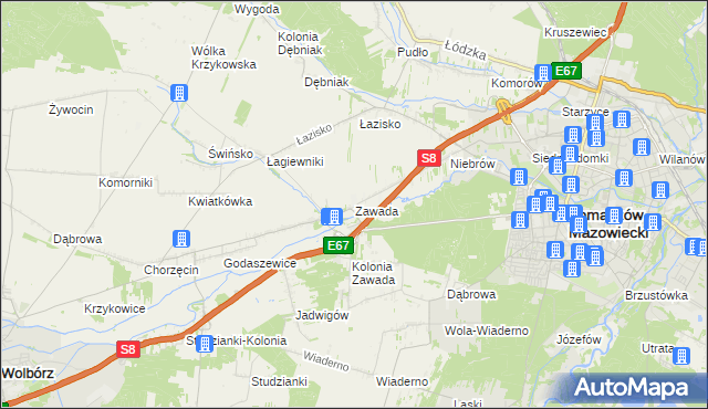 mapa Zawada gmina Tomaszów Mazowiecki, Zawada gmina Tomaszów Mazowiecki na mapie Targeo