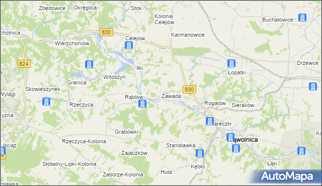 mapa Zawada gmina Wąwolnica, Zawada gmina Wąwolnica na mapie Targeo