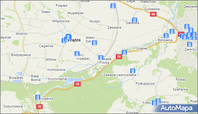 mapa Zawada Pilicka, Zawada Pilicka na mapie Targeo