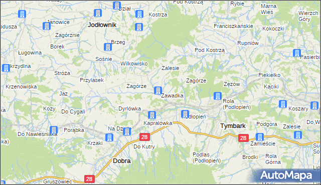 mapa Zawadka gmina Tymbark, Zawadka gmina Tymbark na mapie Targeo
