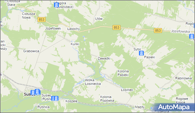 mapa Zawadki gmina Susiec, Zawadki gmina Susiec na mapie Targeo