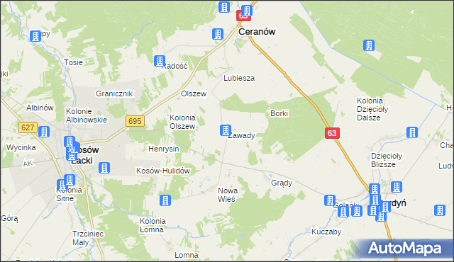 mapa Zawady gmina Ceranów, Zawady gmina Ceranów na mapie Targeo