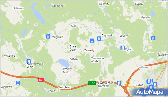 mapa Zawady gmina Olsztynek, Zawady gmina Olsztynek na mapie Targeo