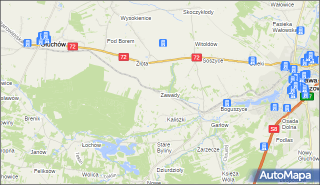 mapa Zawady gmina Rawa Mazowiecka, Zawady gmina Rawa Mazowiecka na mapie Targeo