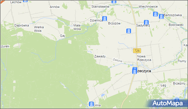 mapa Zawady gmina Rzeczyca, Zawady gmina Rzeczyca na mapie Targeo