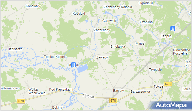 mapa Zawady gmina Turośń Kościelna, Zawady gmina Turośń Kościelna na mapie Targeo