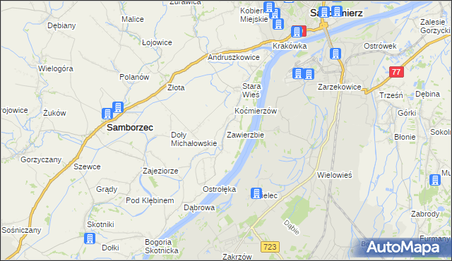mapa Zawierzbie gmina Samborzec, Zawierzbie gmina Samborzec na mapie Targeo