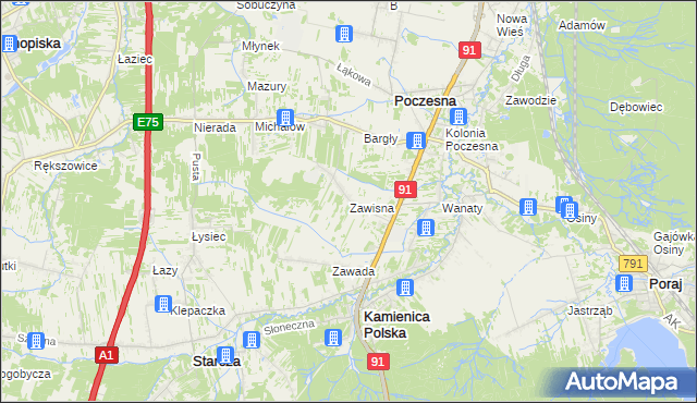 mapa Zawisna gmina Kamienica Polska, Zawisna gmina Kamienica Polska na mapie Targeo