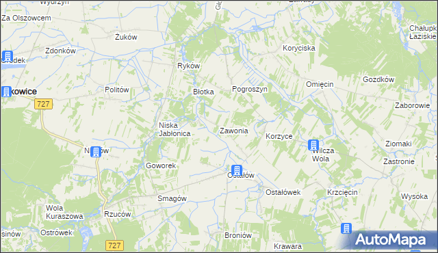 mapa Zawonia gmina Chlewiska, Zawonia gmina Chlewiska na mapie Targeo