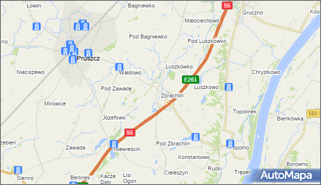 mapa Zbrachlin gmina Pruszcz, Zbrachlin gmina Pruszcz na mapie Targeo