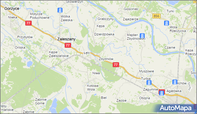 mapa Zbydniów gmina Zaleszany, Zbydniów gmina Zaleszany na mapie Targeo