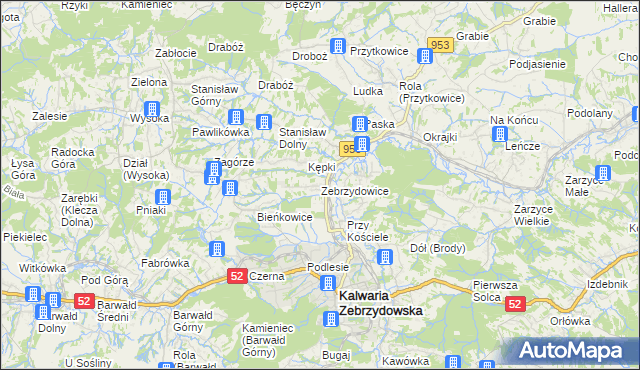 mapa Zebrzydowice gmina Kalwaria Zebrzydowska, Zebrzydowice gmina Kalwaria Zebrzydowska na mapie Targeo