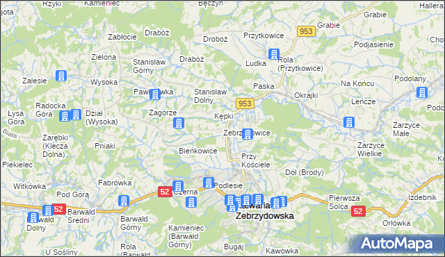 mapa Zebrzydowice gmina Kalwaria Zebrzydowska, Zebrzydowice gmina Kalwaria Zebrzydowska na mapie Targeo