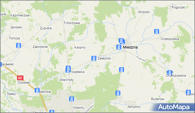 mapa Żeleźniki gmina Miedzna, Żeleźniki gmina Miedzna na mapie Targeo
