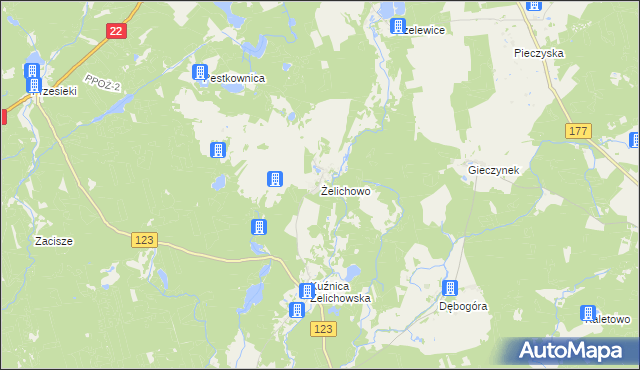 mapa Żelichowo gmina Krzyż Wielkopolski, Żelichowo gmina Krzyż Wielkopolski na mapie Targeo
