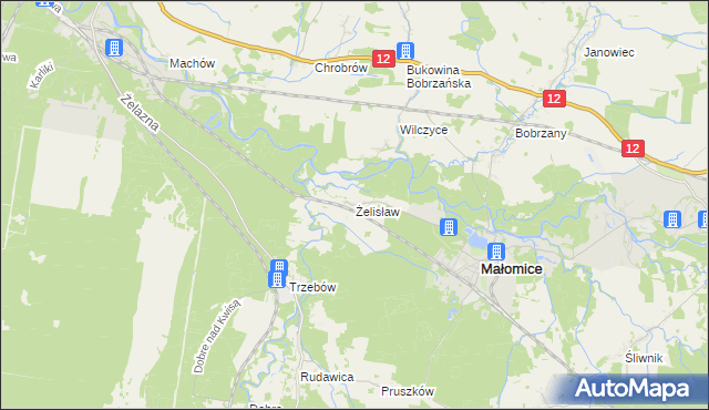 mapa Żelisław gmina Małomice, Żelisław gmina Małomice na mapie Targeo