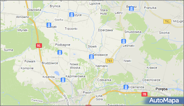 mapa Żelisławice gmina Siewierz, Żelisławice gmina Siewierz na mapie Targeo