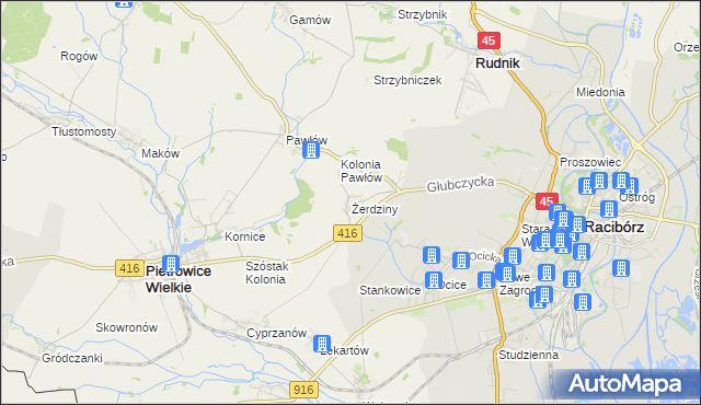 mapa Żerdziny gmina Pietrowice Wielkie, Żerdziny gmina Pietrowice Wielkie na mapie Targeo