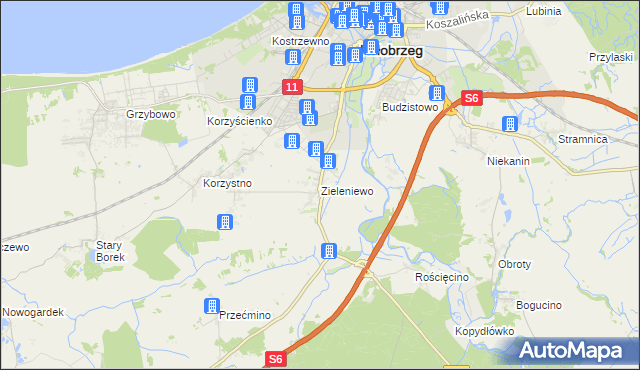 mapa Zieleniewo gmina Kołobrzeg, Zieleniewo gmina Kołobrzeg na mapie Targeo