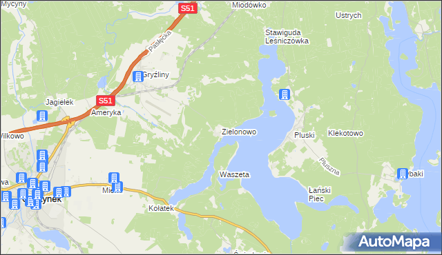 mapa Zielonowo gmina Stawiguda, Zielonowo gmina Stawiguda na mapie Targeo