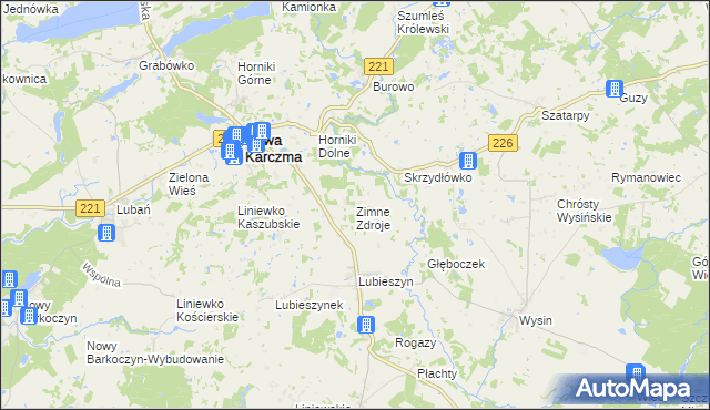 mapa Zimne Zdroje gmina Nowa Karczma, Zimne Zdroje gmina Nowa Karczma na mapie Targeo